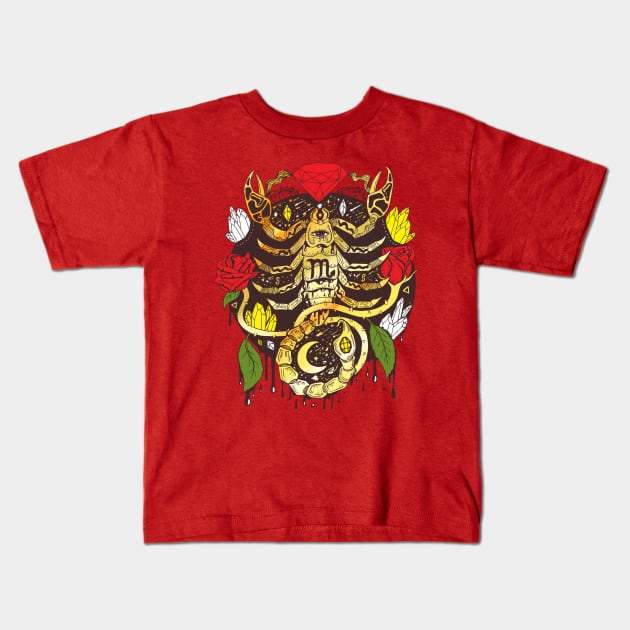 Mystic Scorpio Zodiac Gold With Red Roses Kids T-Shirt by kenallouis